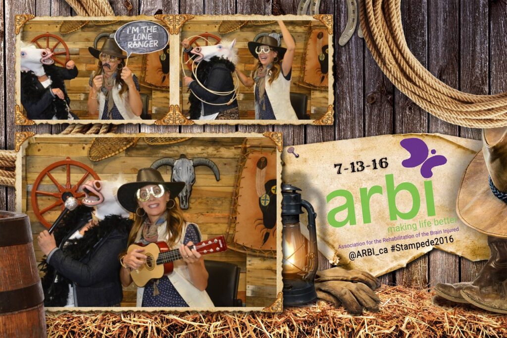 Calgary Stampede photo booth rental setup by Hip Image for an event, featuring a "I'M THE LONE RANGER" sign, the ARBI (Association for the Rehabilitation of the Brain Injured) logo, the text "making life better," "@ARBI_ca #Stampede2016," and the date "7-13-16."