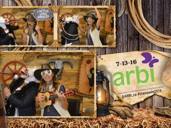 Calgary Stampede photo booth rental setup by Hip Image for an event, featuring a "I'M THE LONE RANGER" sign, the ARBI (Association for the Rehabilitation of the Brain Injured) logo, the text "making life better," "@ARBI_ca #Stampede2016," and the date "7-13-16."