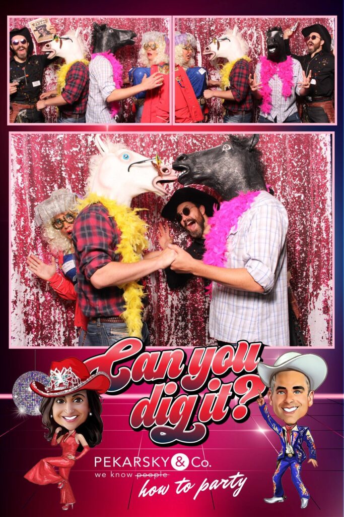 Calgary Stampede photo booth rental setup by Hip Image for an event, featuring the text "Can you digit's," "$100 OFF," "PEKARSKY & Co. we know people," and "how to party."