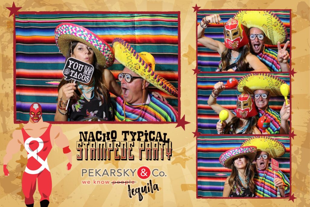 Calgary Stampede photo booth rental setup by Hip Image for Pekarsky & Co., featuring the text "YOU TACOS," "$100 OFF," "PEKARSKY & Co. we know people," "NACHO TYPICAL STAMPEDE PRATO," and "tequila."