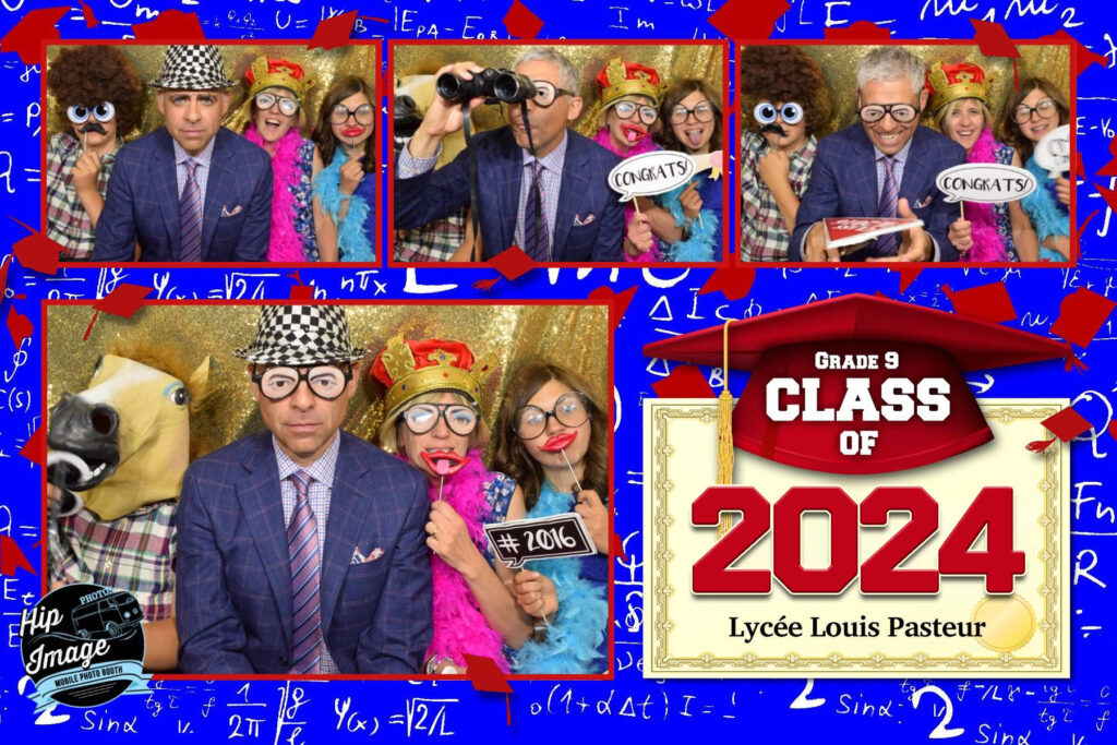 Grad party photo booth rental setup by Hip Image for a graduation celebration, featuring a "Congratulations Graduates Class of 2025" banner, mathematical equations, and the text "Congrats"